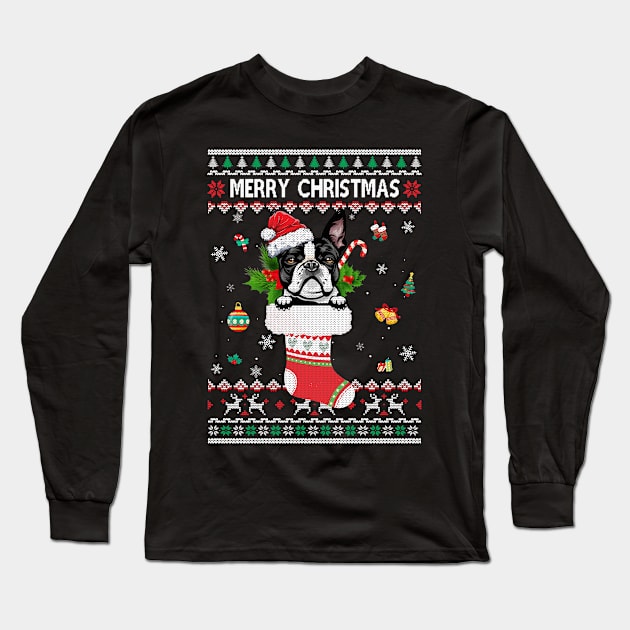 Merry Christmas Boston Terrier In Sock Dog Funny Ugly Xmas Long Sleeve T-Shirt by Marks Kayla